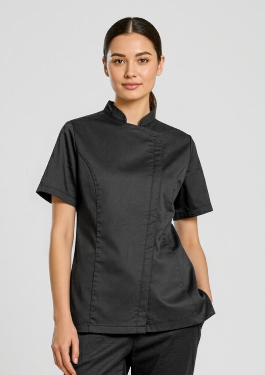Womens Alfresco Short Sleeve Chef Jacket ||SRC=https://cdn.fashionbizapps.nz/honeybee/images/CH330LS_Talent_Black_01_mwVaMG6.jpg