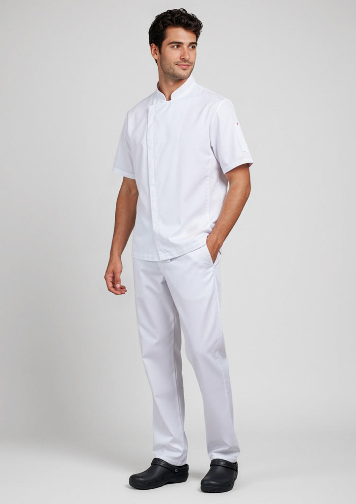 Mens Alfresco Short Sleeve Chef Jacket ||SRC=https://cdn.fashionbizapps.nz/honeybee/images/CH330MS_Talent_White_02.jpg