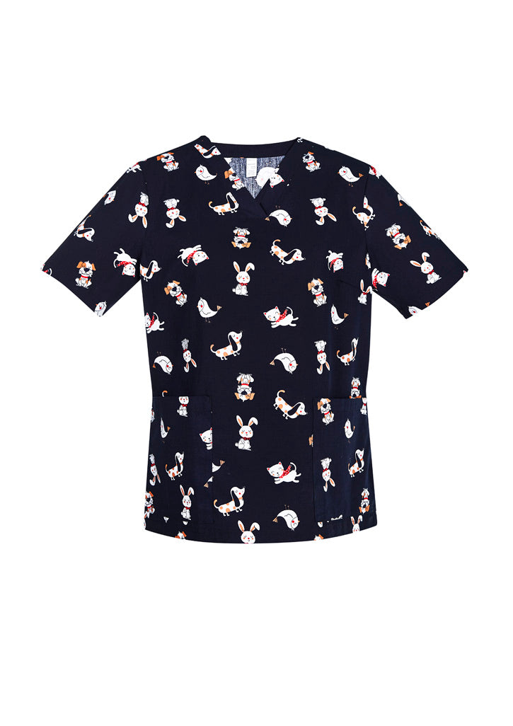 Womens Printed Best Friends Scrub Top - Midnight Navy ||SRC=https://cdn.fashionbizapps.nz/honeybee/images/CST147LS_bProduct_MidnightNavy_01_c4jxN5q.jpg