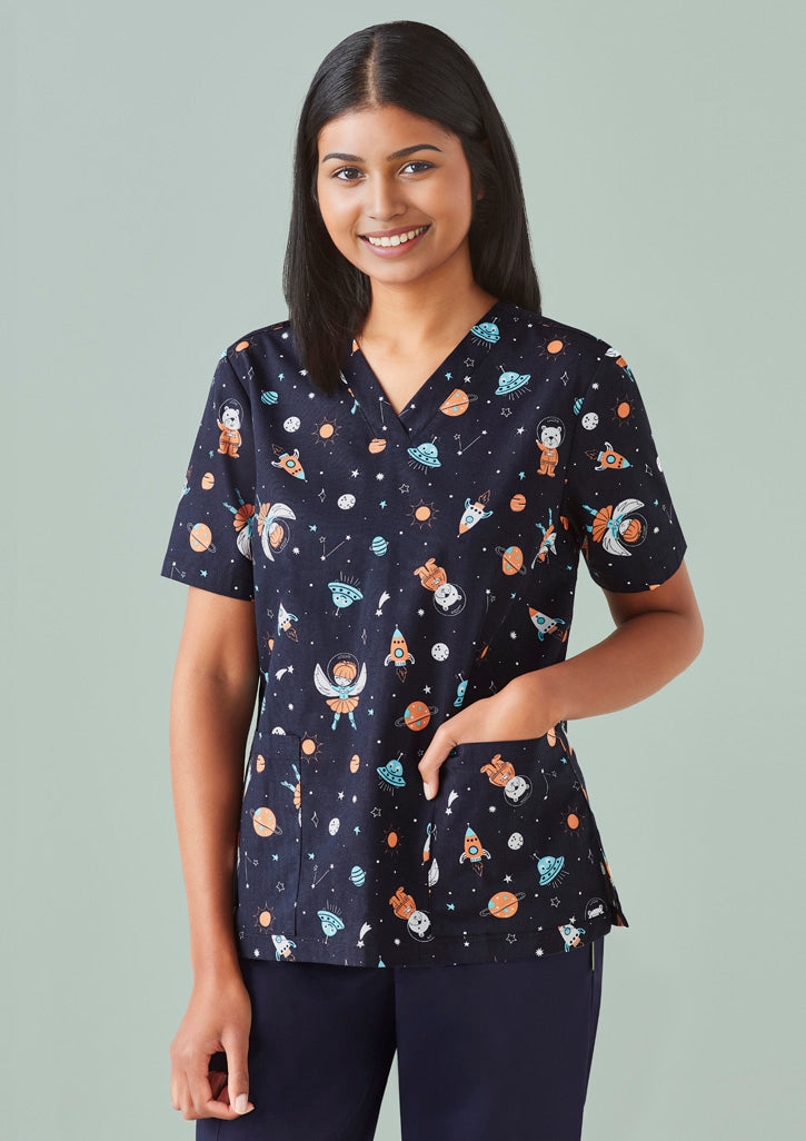 Womens Printed Space Party Scrub Top