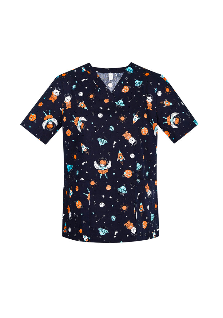 Womens Printed Space Party Scrub Top ||SRC=https://cdn.fashionbizapps.nz/honeybee/images/CST148LS_bProduct_MidnightNavy_01_ZgM3bpA.jpg