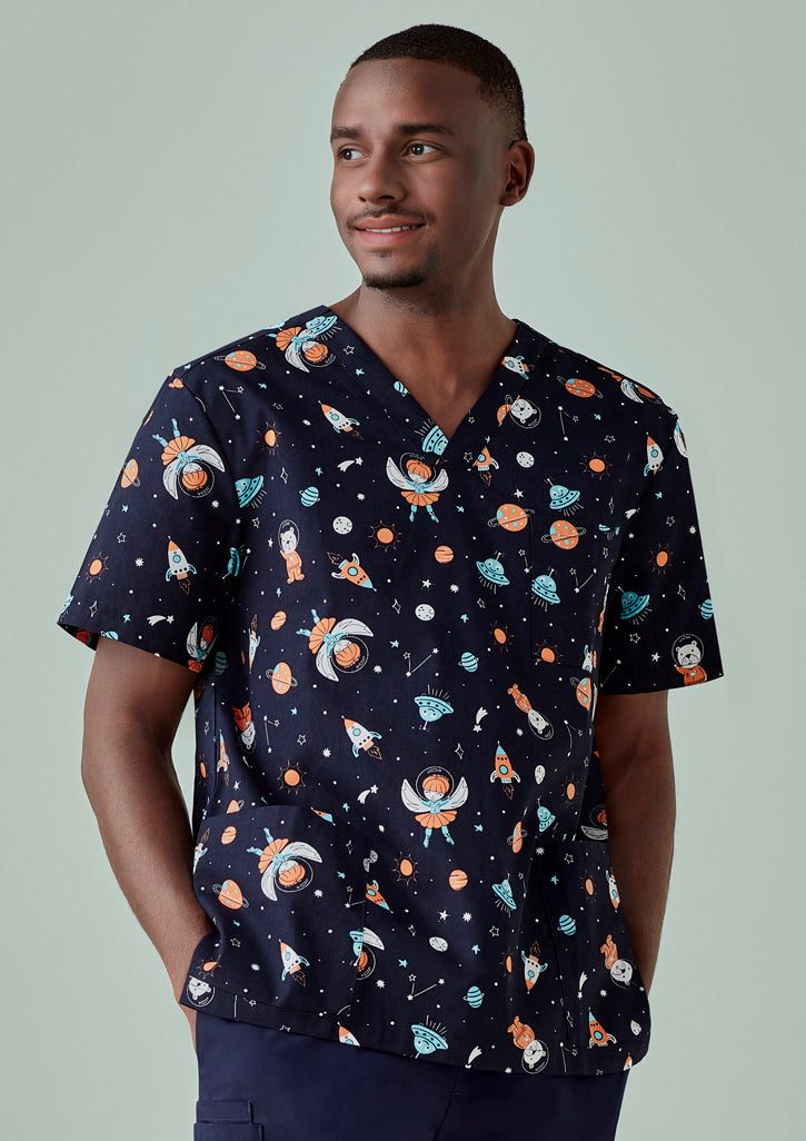 Mens Printed Space Party Scrub Top