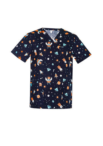 Mens Printed Space Party Scrub Top ||SRC=https://cdn.fashionbizapps.nz/honeybee/images/CST148MS_bProduct_MidnightNavy_01_I58UcLQ.jpg