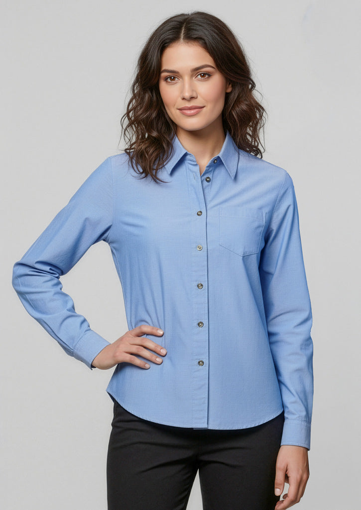 Womens Chambray Long Sleeve Shirt ||SRC=https://cdn.fashionbizapps.nz/honeybee/images/LB6201_Talent_ChambrayBlue_01_3jBRjOb.jpg