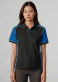 Womens Nitro Short Sleeve Polo ||SRC=https://cdn.fashionbizapps.nz/honeybee/images/P10122_Talent_Black_Royal_White_01.jpg