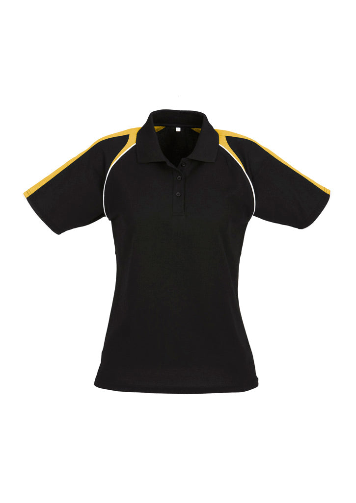 Womens Triton Short Sleeve Polo - Black/Gold/White ||SRC=https://cdn.fashionbizapps.nz/honeybee/images/P225LS_bProduct_Black_Gold_White_01_uJHBWAX.jpg
