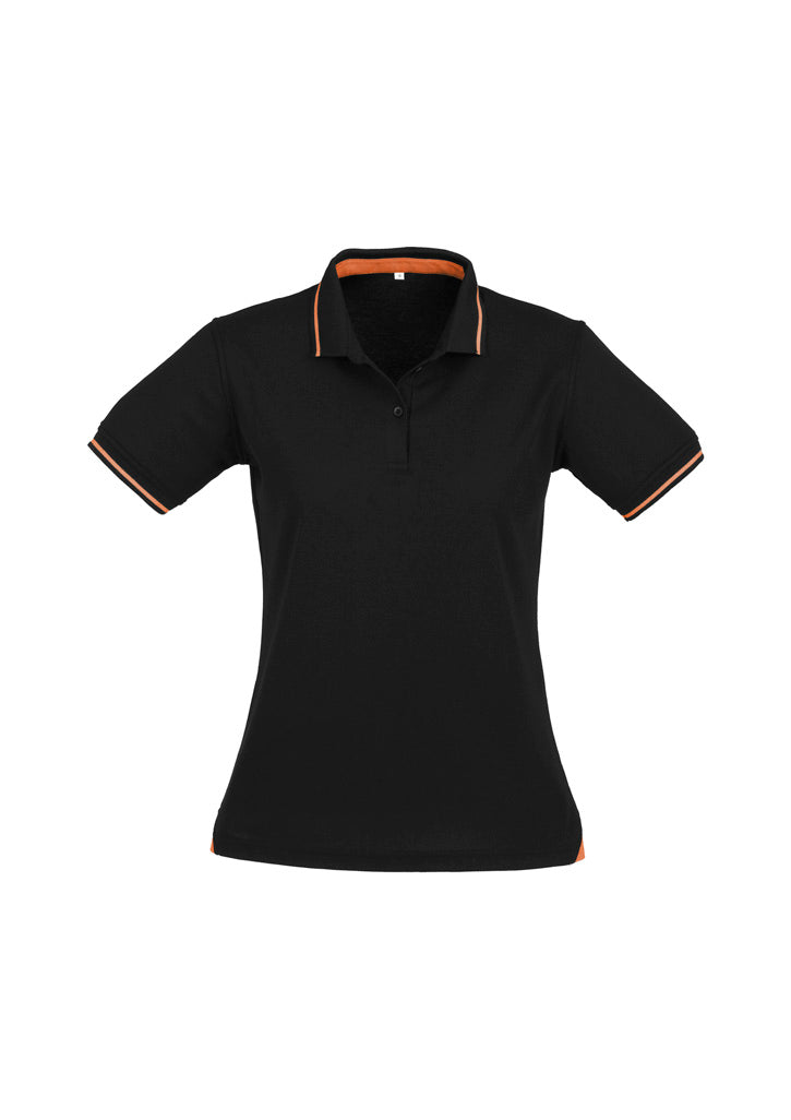 Womens Jet Short Sleeve Polo - Black/Orange ||SRC=https://cdn.fashionbizapps.nz/honeybee/images/P226LS_bProduct_Black_Orange_01_iYJjz8p.jpg