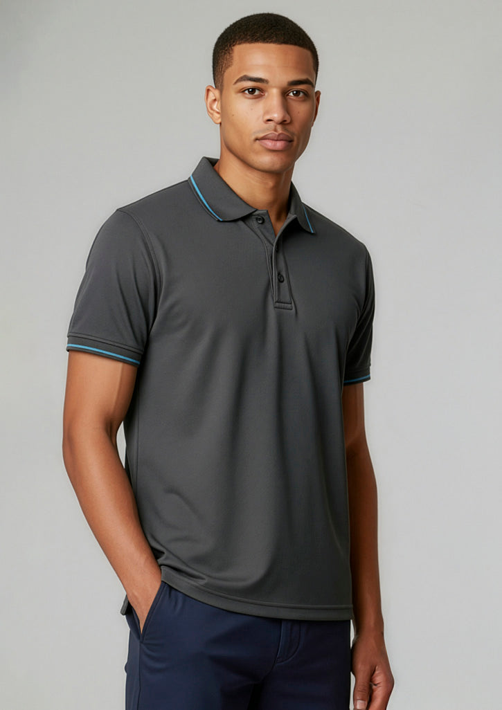 Mens Jet Short Sleeve Polo ||SRC=https://cdn.fashionbizapps.nz/honeybee/images/P226MS_Talent_SteelGrey_Cyan_01.jpg