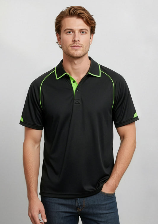 Mens Fusion Short Sleeve Polo ||SRC=https://cdn.fashionbizapps.nz/honeybee/images/P29012_Talent_Black_FluoroYellow_Lime_01.jpg