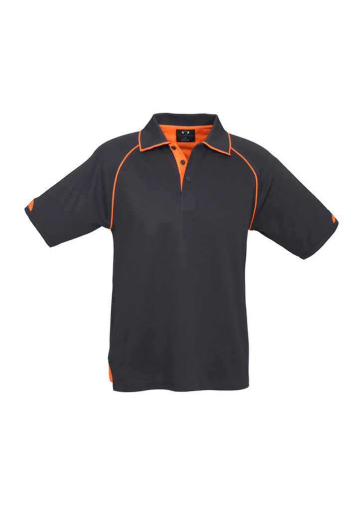 Mens Fusion Short Sleeve Polo - Grey/Fluoro Orange ||SRC=https://cdn.fashionbizapps.nz/honeybee/images/P29012_bProduct_Grey_FluoroOrange_01_gPdawmt.jpg