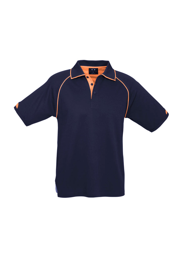 Mens Fusion Short Sleeve Polo - Navy/Fluoro Orange ||SRC=https://cdn.fashionbizapps.nz/honeybee/images/P29012_bProduct_Navy_FluoroOrange_01_2aMifaI.jpg