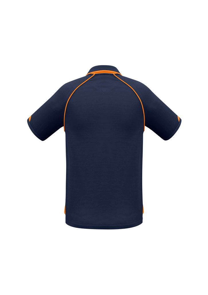 Mens Fusion Short Sleeve Polo - Navy/Fluoro Orange ||SRC=https://cdn.fashionbizapps.nz/honeybee/images/P29012_bProduct_Navy_FluoroOrange_02_zwX6mXb.jpg