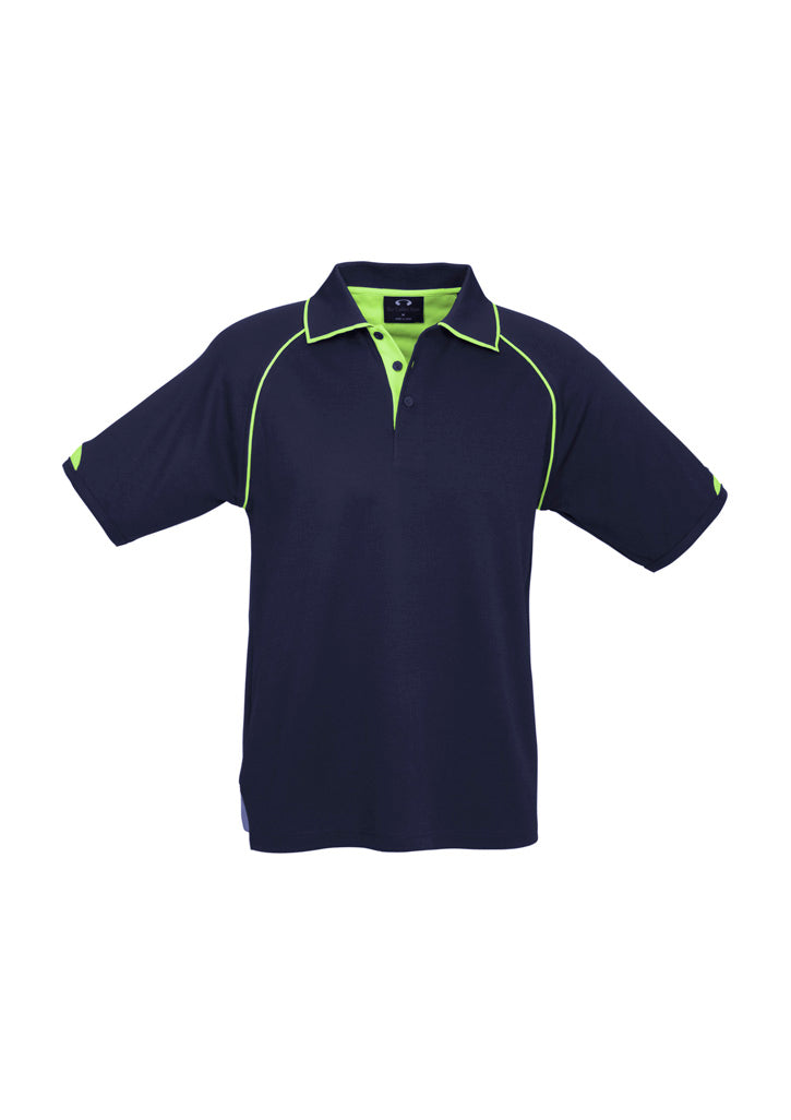 Mens Fusion Short Sleeve Polo - Navy/Fluoro Yellow/Lime ||SRC=https://cdn.fashionbizapps.nz/honeybee/images/P29012_bProduct_Navy_FluoroYellow_Lime_01_a19APFM.jpg