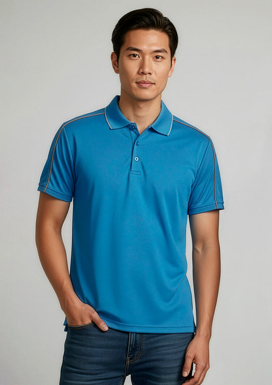 Mens Blade Short Sleeve Polo ||SRC=https://cdn.fashionbizapps.nz/honeybee/images/P303MS_Talnet_Cyan_SilverGrey_01.jpg