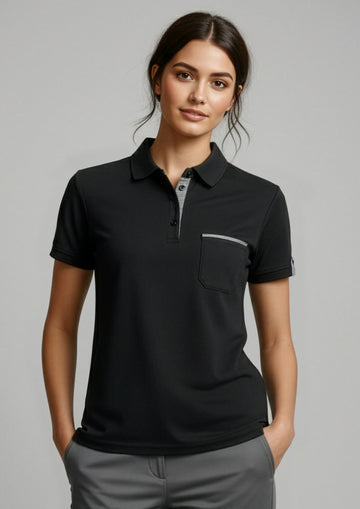 Womens Edge Short Sleeve Polo ||SRC=https://cdn.fashionbizapps.nz/honeybee/images/P305LS_Talent_Black_Check_01_uO1ACFg.jpg