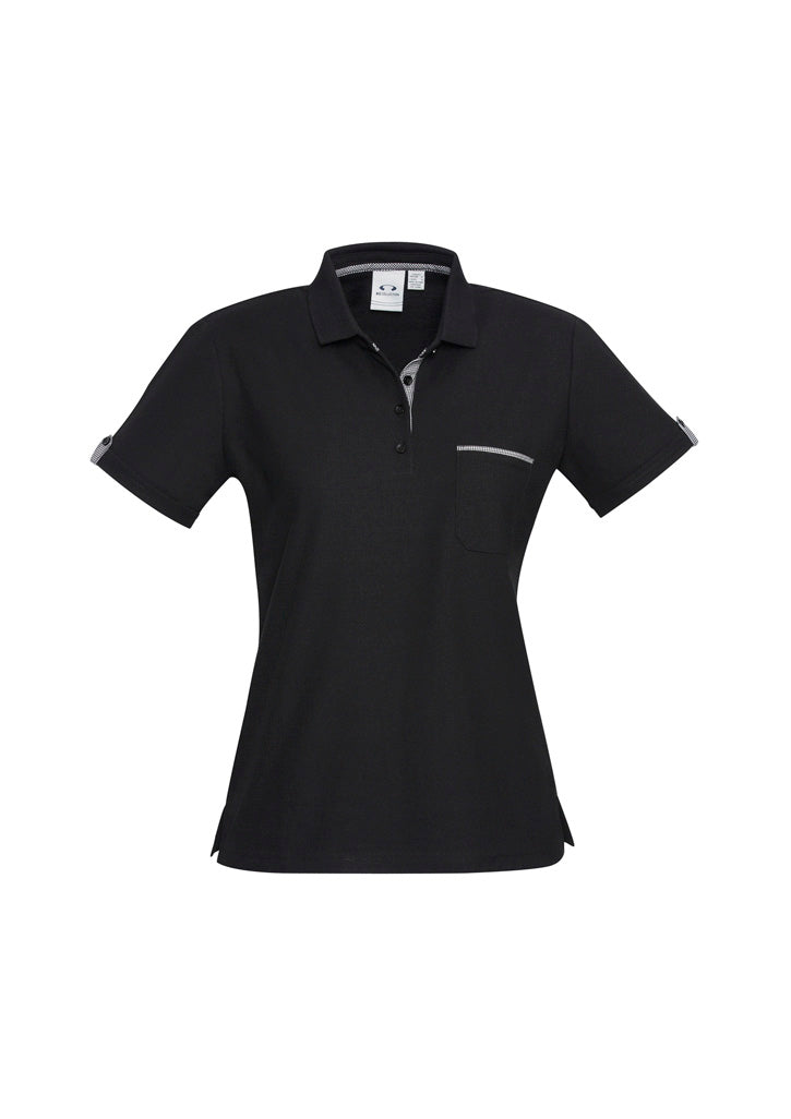 Womens Edge Short Sleeve Polo - Black/Check ||SRC=https://cdn.fashionbizapps.nz/honeybee/images/P305LS_bProduct_Black_Check_01_sL2T5pK.jpg