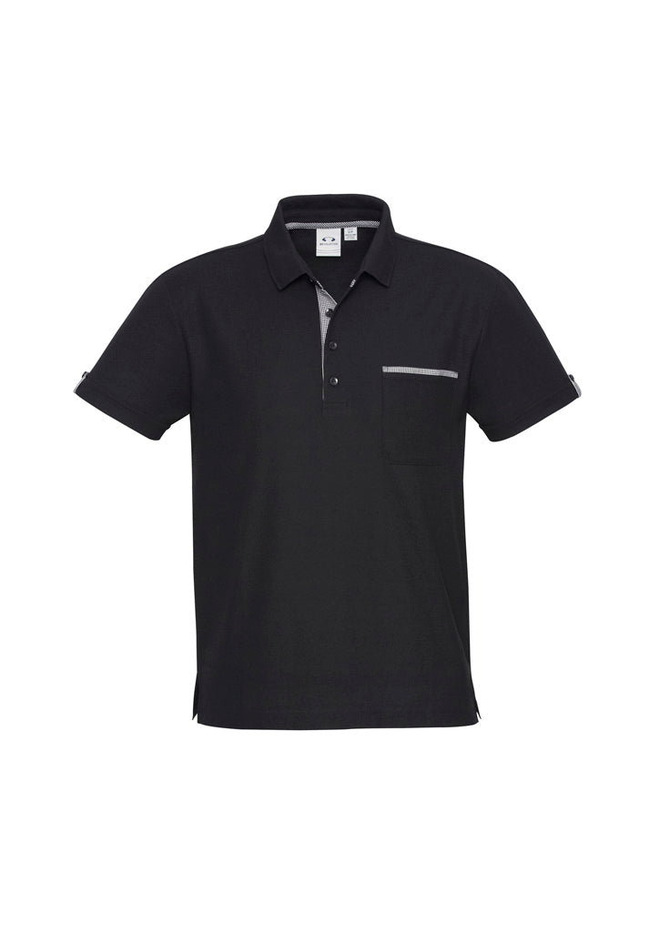 Mens Edge Short Sleeve Polo - Black/Check ||SRC=https://cdn.fashionbizapps.nz/honeybee/images/P305MS_bProduct_Black_Check_01_ILBLYwO.jpg