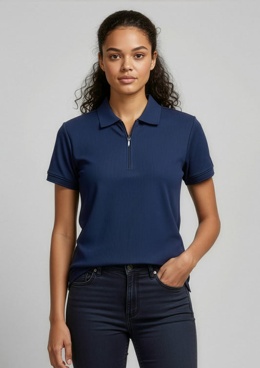 Womens Micro Waffle Short Sleeve Polo ||SRC=https://cdn.fashionbizapps.nz/honeybee/images/P3325_Talent_Navy_01_GQCkE0z.jpg
