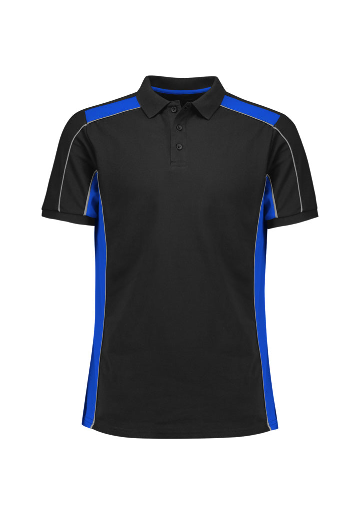 Unisex Grid Short Sleeve Polo - Black/Royal ||SRC=https://cdn.fashionbizapps.nz/honeybee/images/P413US_Product_Black_Royal_01.jpg