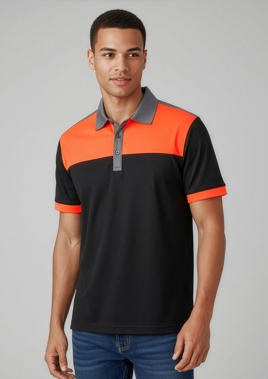 Mens Charger Short Sleeve Polo ||SRC=https://cdn.fashionbizapps.nz/honeybee/images/P500MS_Talent_Black_FluoroOrange_Grey_01.jpg