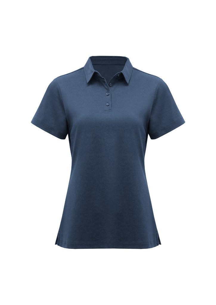 Womens Lotus Short Sleeve Polo - Mineral Blue ||SRC=https://cdn.fashionbizapps.nz/honeybee/images/P515LS_Product_Blue_01.jpg