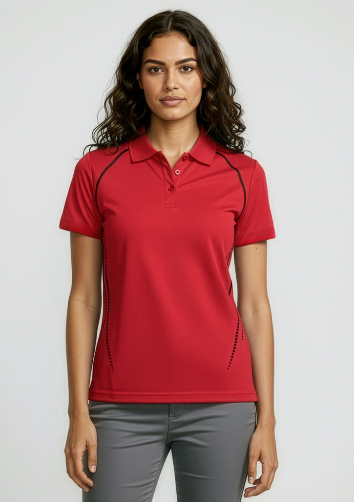 Womens Cyber Short Sleeve Polo ||SRC=https://cdn.fashionbizapps.nz/honeybee/images/P604LS_Talent_Red_Silver_01_R_zWR9SHD.jpg