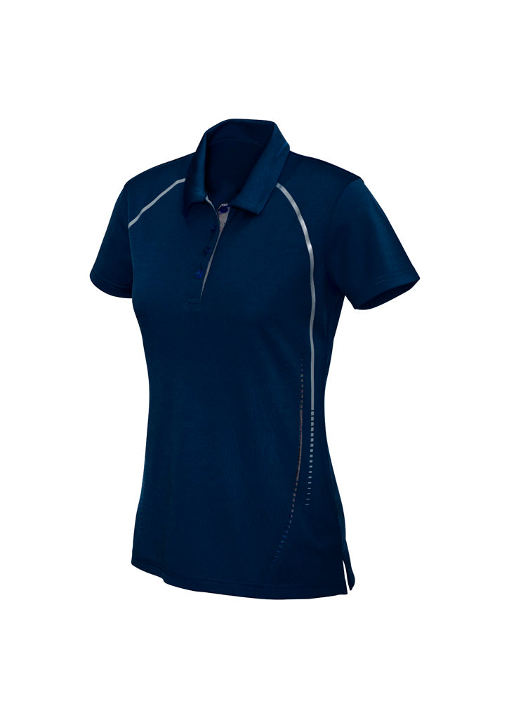 Womens Cyber Short Sleeve Polo - Navy/Silver ||SRC=https://cdn.fashionbizapps.nz/honeybee/images/P604LS_bProduct_Navy_Silver_01_ldQUov6.jpg