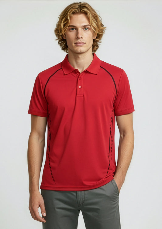 Mens Cyber Short Sleeve Polo ||SRC=https://cdn.fashionbizapps.nz/honeybee/images/P604MS_Talent_Red_Silver_01_R.jpg