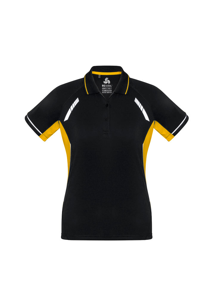 Womens Renegade Short Sleeve Polo - Black/Gold/Silver ||SRC=https://cdn.fashionbizapps.nz/honeybee/images/P700LS_bProduct_Black_Gold_Silver_01_CkknkHS.jpg
