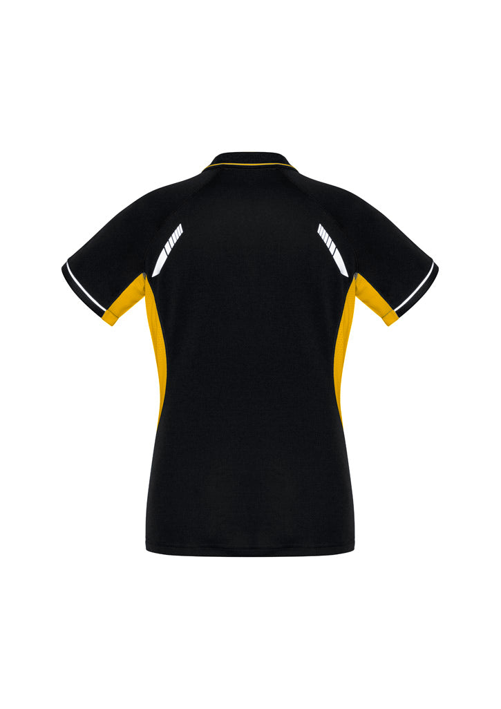 Womens Renegade Short Sleeve Polo - Black/Gold/Silver ||SRC=https://cdn.fashionbizapps.nz/honeybee/images/P700LS_bProduct_Black_Gold_Silver_02_PKdasf2.jpg