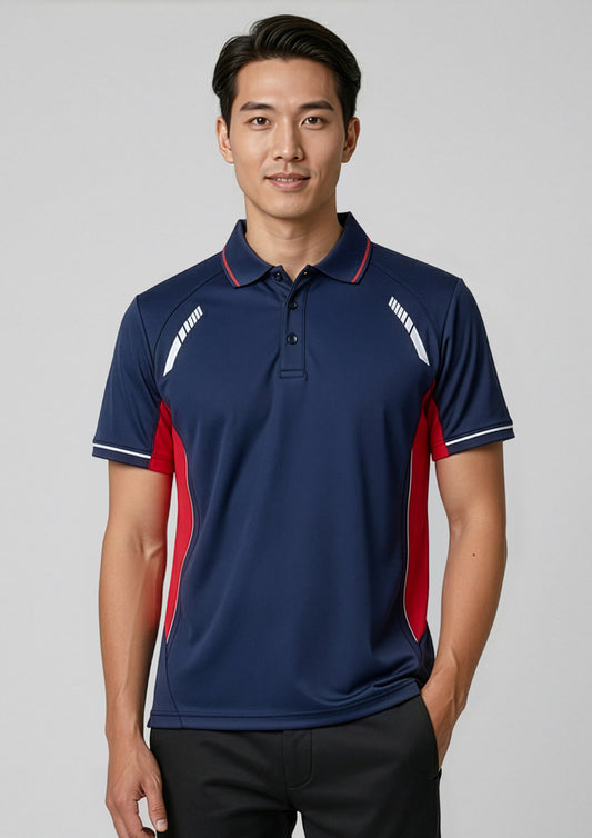 Mens Renegade Short Sleeve Polo ||SRC=https://cdn.fashionbizapps.nz/honeybee/images/P700MS_Talent_Navy_Red_Silver_01.jpg