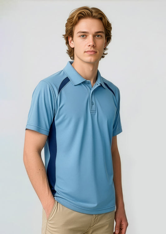 Mens Splice Short Sleeve Polo ||SRC=https://cdn.fashionbizapps.nz/honeybee/images/P7700_Talent_SpringBlue_Navy_01.jpg
