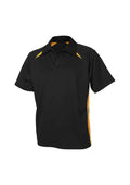 Mens Splice Short Sleeve Polo - Black/Gold ||SRC=https://cdn.fashionbizapps.nz/honeybee/images/P7700_bProduct_Black_Gold_01_TjPE9XI.jpg