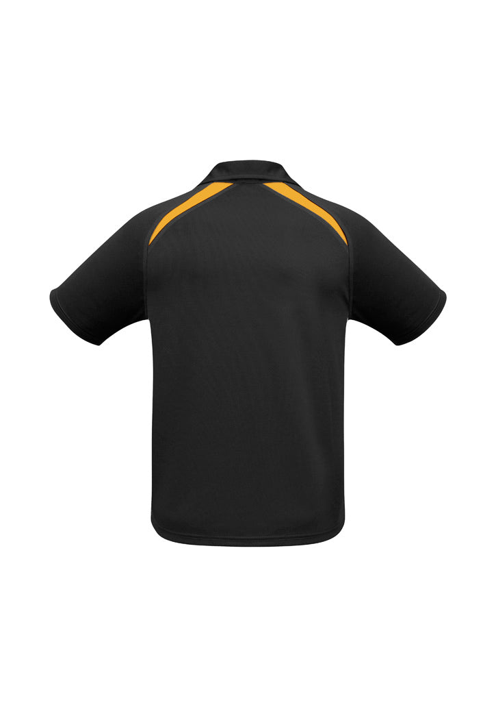 Mens Splice Short Sleeve Polo - Black/Gold ||SRC=https://cdn.fashionbizapps.nz/honeybee/images/P7700_bProduct_Black_Gold_02_BzsMfaG.jpg