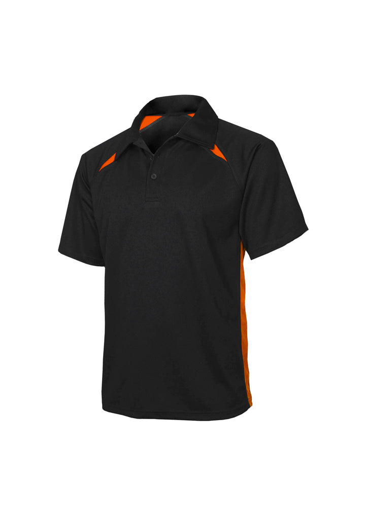 Mens Splice Short Sleeve Polo - Black/Orange ||SRC=https://cdn.fashionbizapps.nz/honeybee/images/P7700_bProduct_Black_Orange_01_H2pPeFr.jpg