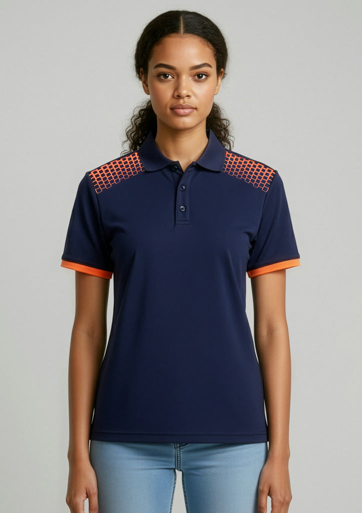 Womens Galaxy Short Sleeve Polo ||SRC=https://cdn.fashionbizapps.nz/honeybee/images/P900LS_Talent_Navy_FluoroOrange_01.jpg