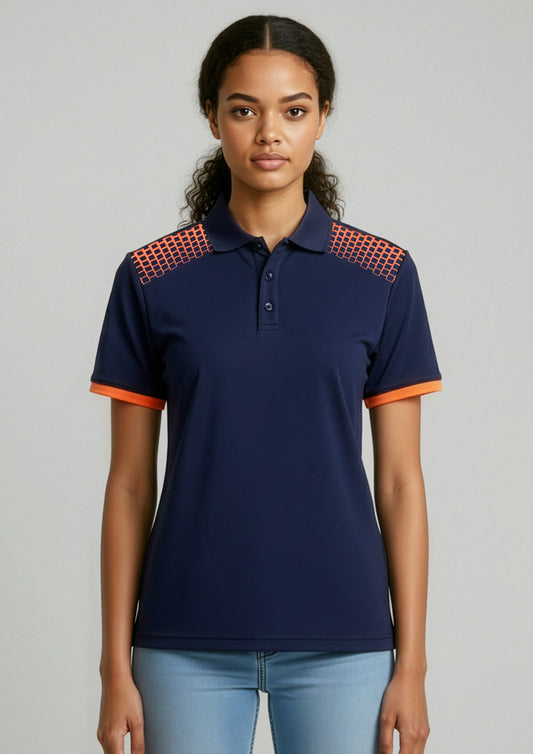Womens Galaxy Short Sleeve Polo ||SRC=https://cdn.fashionbizapps.nz/honeybee/images/P900LS_Talent_Navy_FluoroOrange_01.jpg
