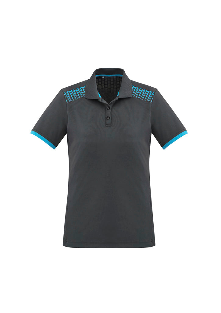 Womens Galaxy Short Sleeve Polo - Grey/Cyan ||SRC=https://cdn.fashionbizapps.nz/honeybee/images/P900LS_bProduct_Grey_Cyan_01_RfXeuyO.jpg