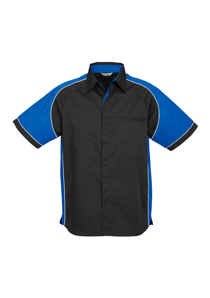 Mens Nitro Short Sleeve Shirt - Black/Royal/White ||SRC=https://cdn.fashionbizapps.nz/honeybee/images/S10112_bProduct_Black_Royal_White_01_VTPi8Yu.jpg