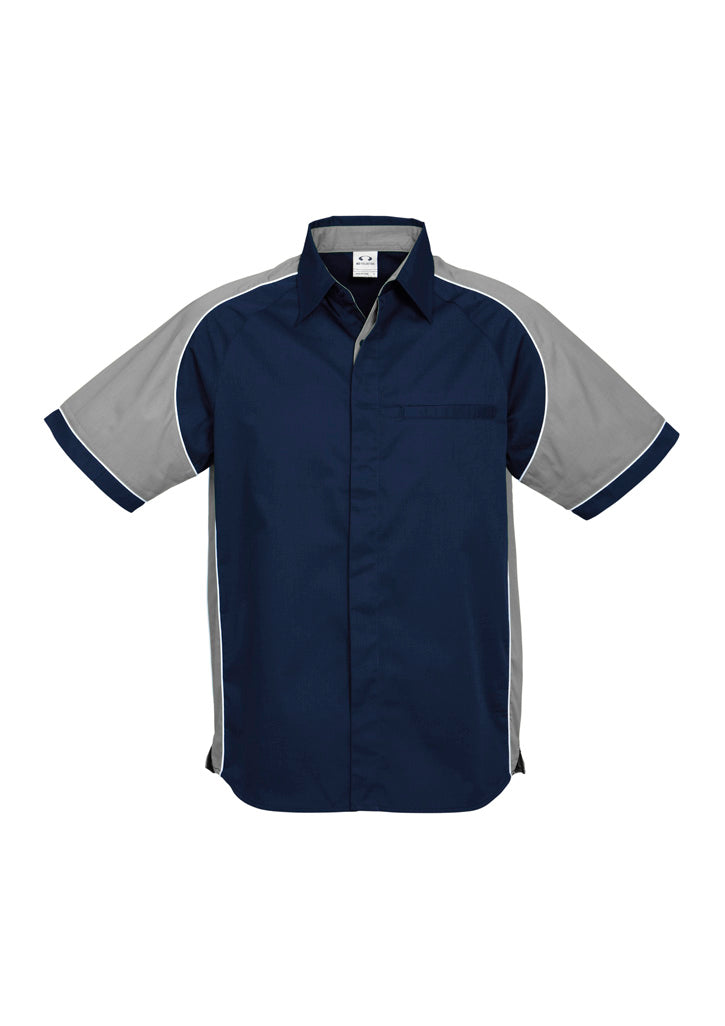 Mens Nitro Short Sleeve Shirt - Navy/Grey/White ||SRC=https://cdn.fashionbizapps.nz/honeybee/images/S10112_bProduct_Navy_Grey_White_01_DB8vnTZ.jpg