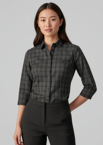 Womens Harper 3/4 Sleeve Shirt ||SRC=https://cdn.fashionbizapps.nz/honeybee/images/S820LT_Talent_Black_Silver_01_TxlvDjW.jpg