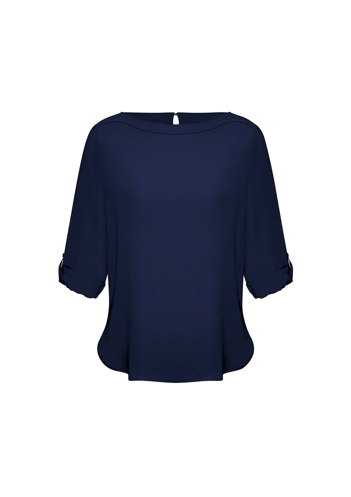 Womens Madison Boatneck Top - Midnight Blue ||SRC=https://cdn.fashionbizapps.nz/honeybee/images/S828LL_bProduct_MidnightBlue_F-SleevesRolledUp_EBKzu1T.jpg