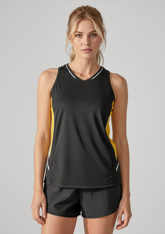 Womens Renegade Singlet ||SRC=https://cdn.fashionbizapps.nz/honeybee/images/SG702L_Talent_Black_Gold_Silver_02.jpg