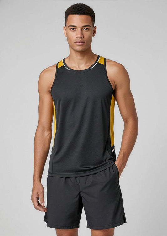 Mens Renegade Singlet ||SRC=https://cdn.fashionbizapps.nz/honeybee/images/SG702M_Talent_Black_Gold_Silver_01.jpg