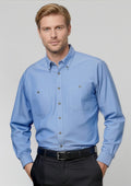 Mens Chambray Long Sleeve Shirt ||SRC=https://cdn.fashionbizapps.nz/honeybee/images/SH112_Talent_ChambrayBlue_01_v4cD1sW.jpg