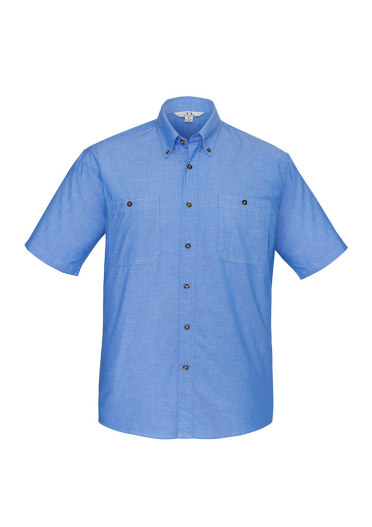 Mens Chambray Short Sleeve Shirt - Chambray Blue ||SRC=https://cdn.fashionbizapps.nz/honeybee/images/SH113_bProduct_ChambrayBlue_01_saCtYTC.jpg