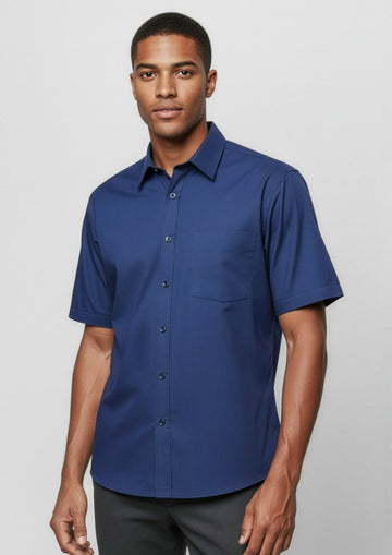Mens Micro Check Short Sleeve Shirt ||SRC=https://cdn.fashionbizapps.nz/honeybee/images/SH817_Talent_Navy_01_mb6RFqz.jpg