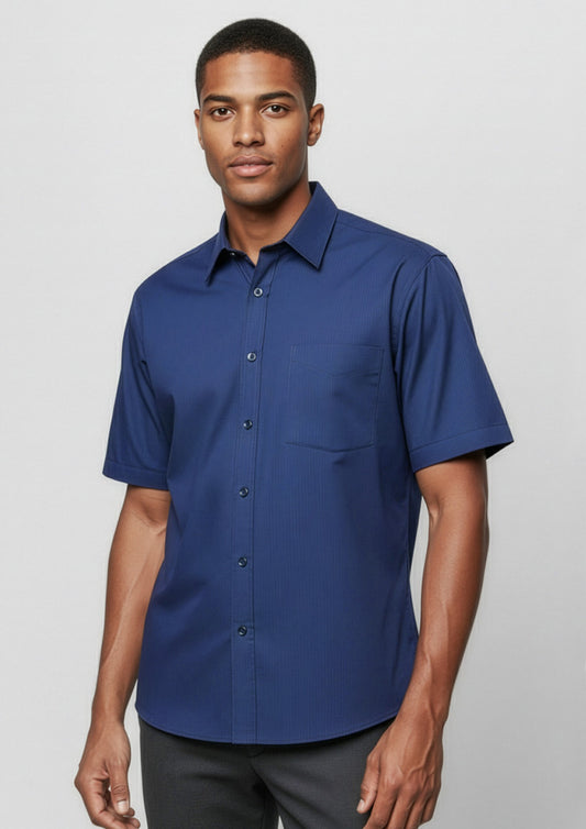 Mens Micro Check Short Sleeve Shirt ||SRC=https://cdn.fashionbizapps.nz/honeybee/images/SH817_Talent_Navy_01_mb6RFqz.jpg